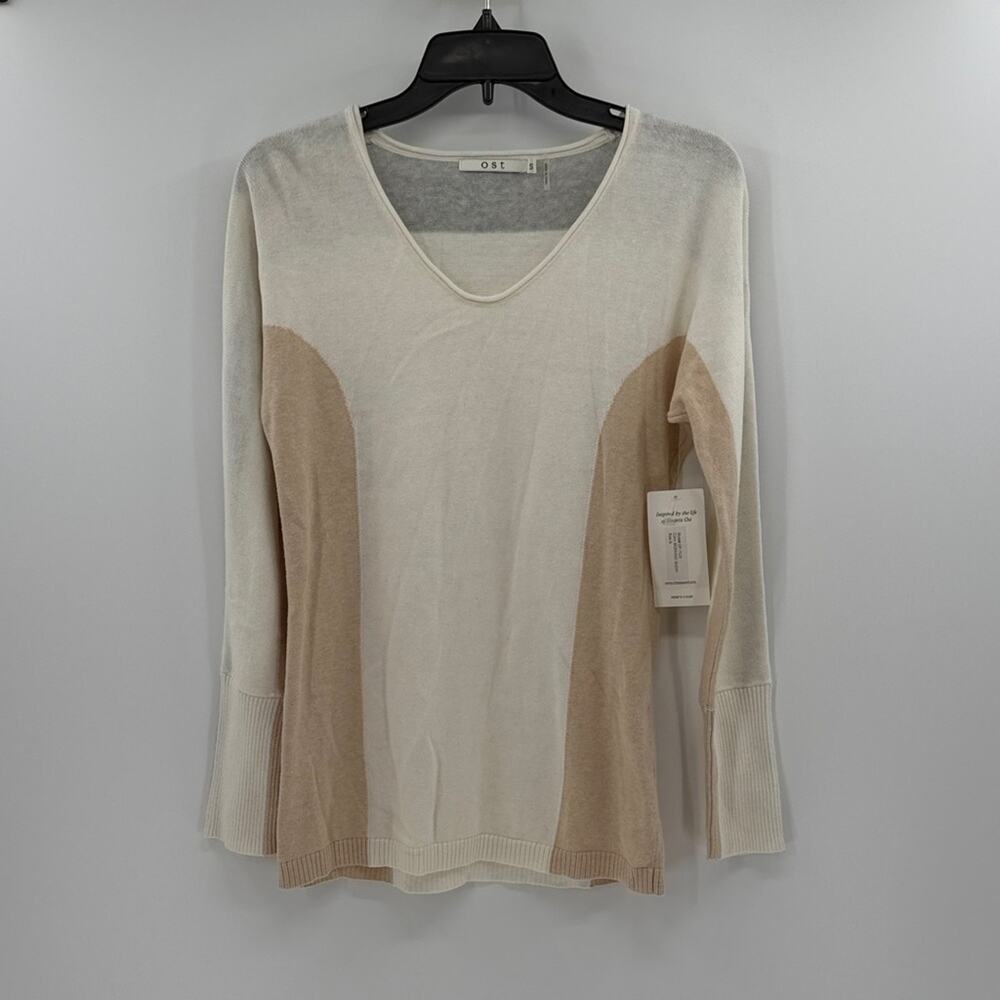 OST Women's Long Sleeve Colorblocked Cotton/Cashmere Sweater - White/Tan - S NWT
